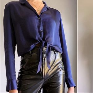 WILFRED Tie-Front Blouse Pure Indigo Satin Silky Cropped Medium Aritzia
